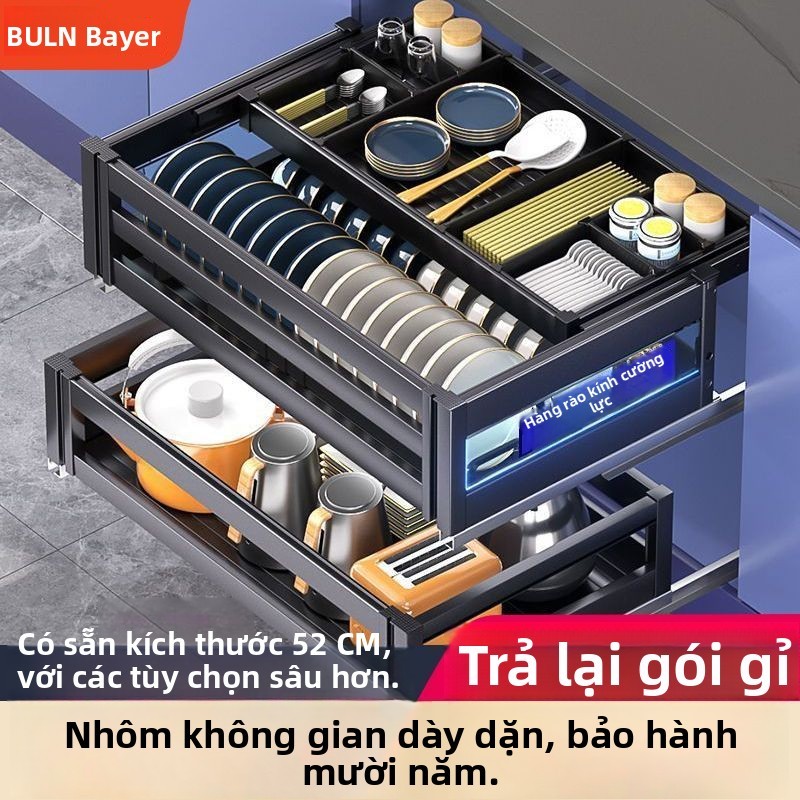 Giỏ đựng bát đĩa Byron, tủ bếp, ngăn kéo kéo ra hai lớp, giỏ bát, giá lưu trữ hợp kim nhôm, giá bát