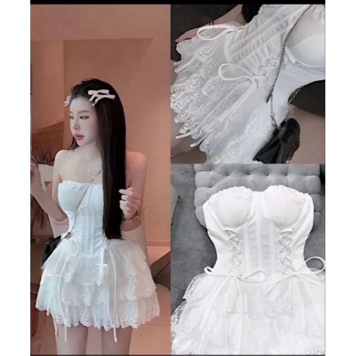 Sét áo cúp ngực đan dây kèm chân váy ren 3 tầng Sam Sam Clothing
