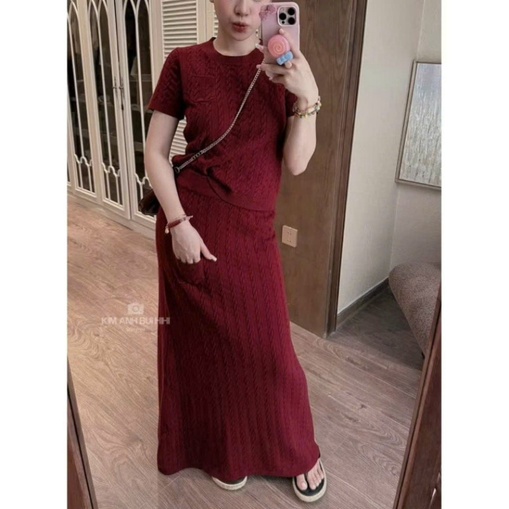 Set len thừng đỏ áo cộc chân váy dài xoè 