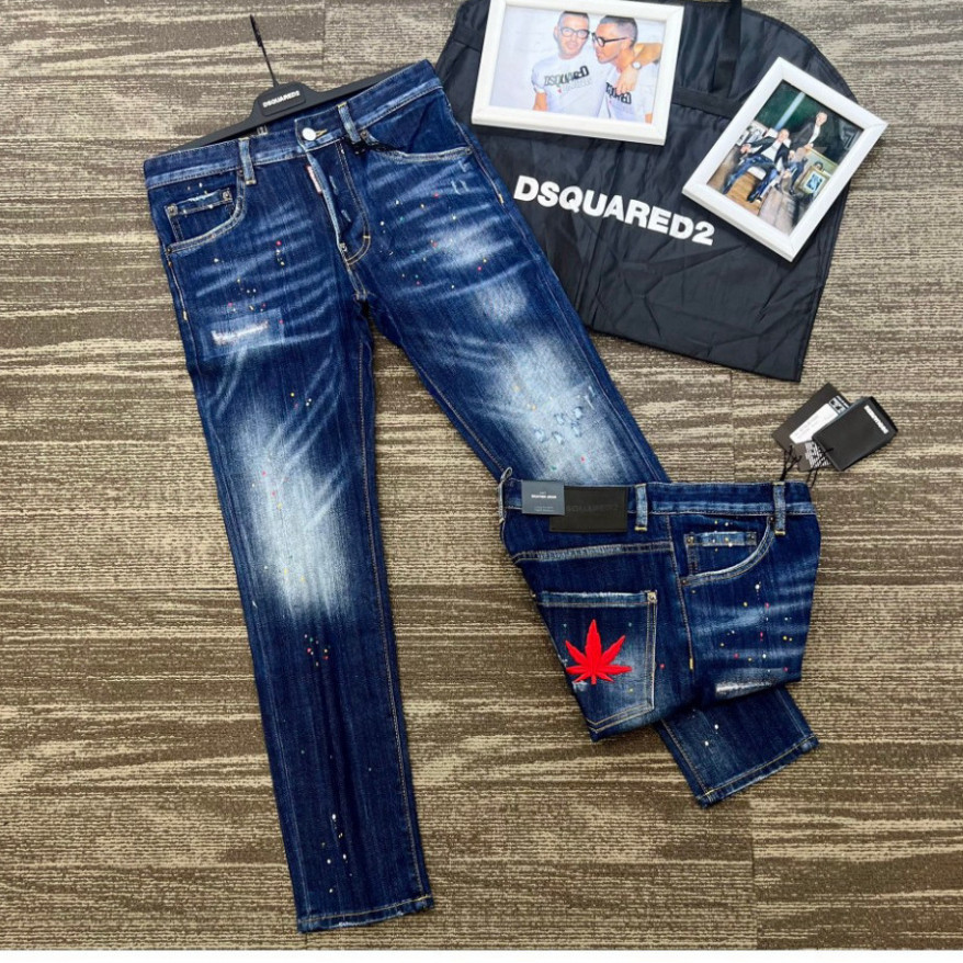 Quần Jean Nam Xanh Lá Phong Đỏ DSQUARED2 Xanh Sáng 4 Cúc Quần Dsq2 Phối Lá Phong Đằng Sau