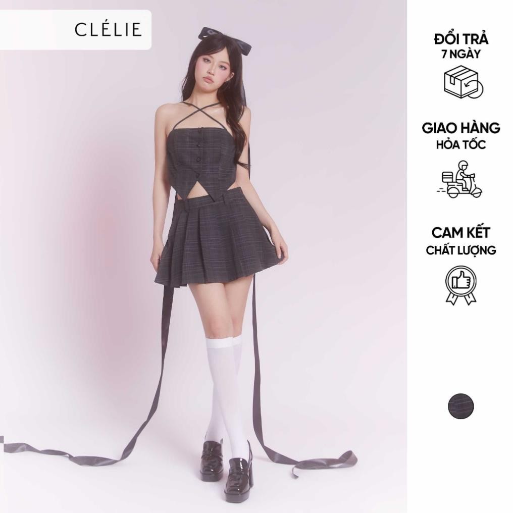 Set áo caro dây chéo và chân váy ngắn xếp ly | RENEE SET - CLÉLEI