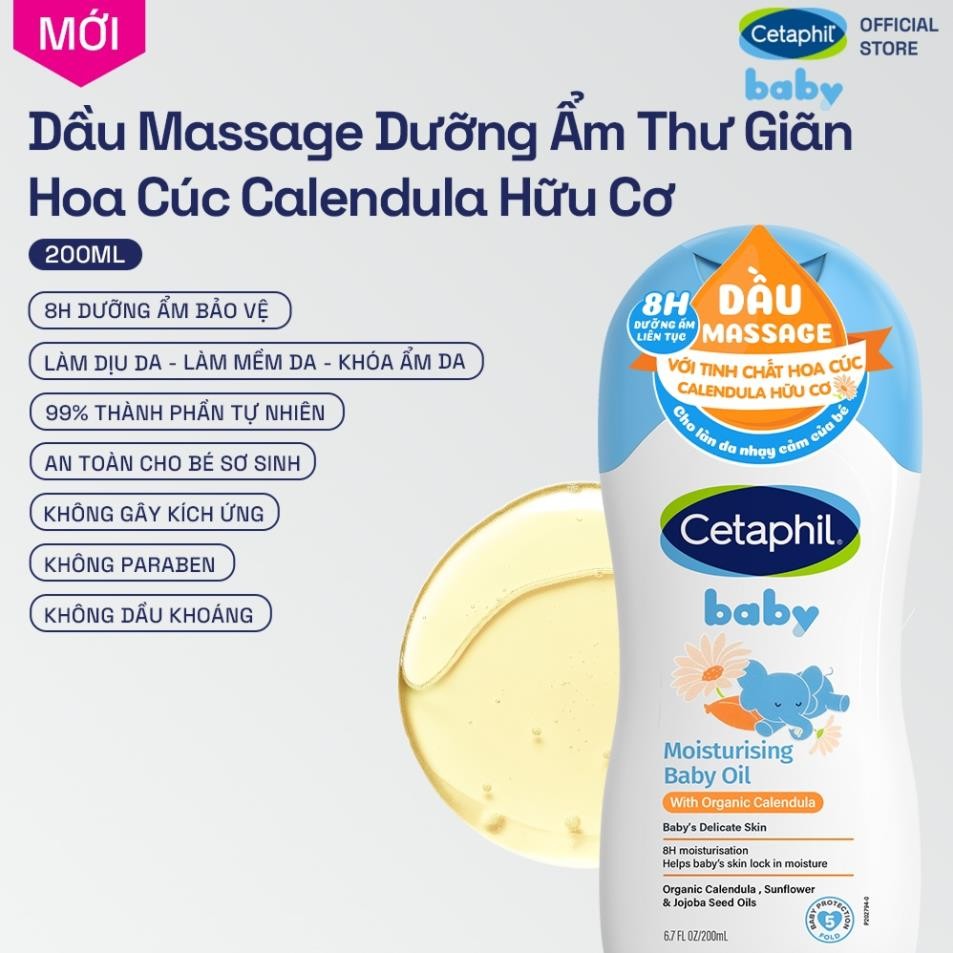 Dầu massage Cetaphil dưỡng ẩm làm dịu da bé với hoa cúc Calendula Hữu Cơ Cetaphil Baby Moisturising 