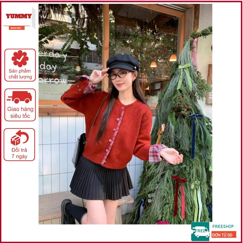 [XẢ KHO THANH LÝ] Áo cardigan len 𝒀𝑼𝑴𝑴𝒀 cổ tròn, Áo len cardigan viền cúc bọc kẻ caro Hàn Quốc CA36 | BigBuy360 - bigbuy360.vn