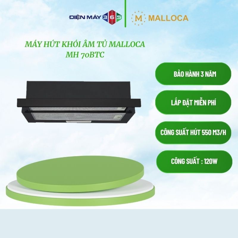 Malloca MH 70BTC Máy hút mùi âm tủ 70cm - Thiết kế gọn - Hút mạnh - Lắp đặt miễn phí