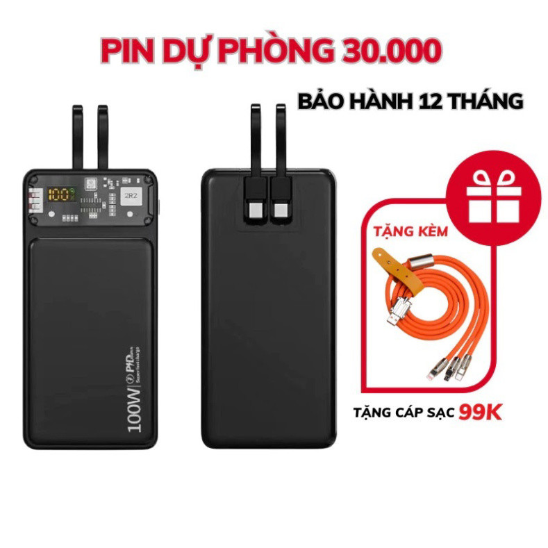 Sạc dự phòng 20000mah 30000mah công suất nhanh 100w dung lượng pin lớn có sẵn dây cho điện thoại - G