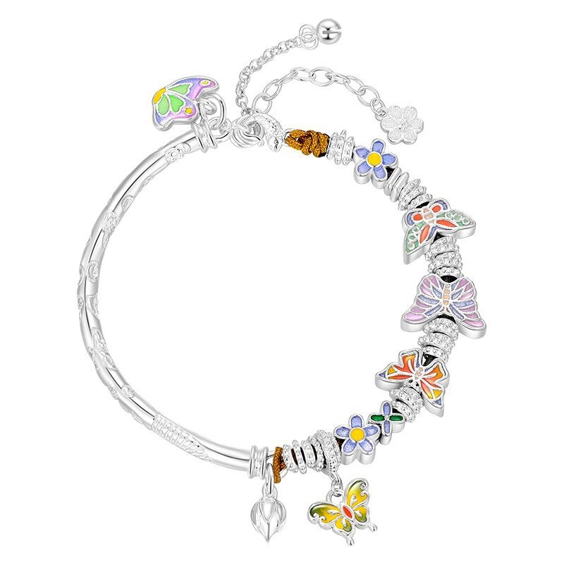 999Sterling Silver Bracelet for Women, High-End Original Versatile Butterfly Enamel Silver Jewelry, 