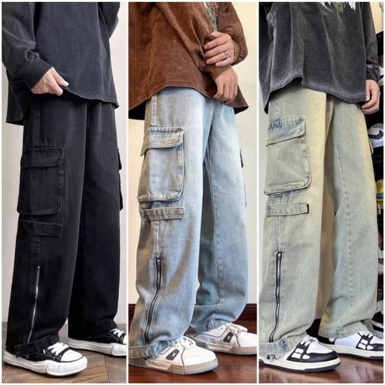 Quần jean túi hộp nam ống suông PHỐI KHOÁ KÉO - Quần jean kaki túi hộp Cargo pant ống suông rộng nam