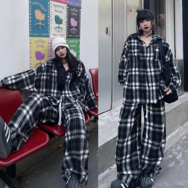 Set sơmi flannel vs quần dài dạ kẻ caro JJAYS màu ĐEN/ Nam nữ unisex/ Jaystoree 🖤