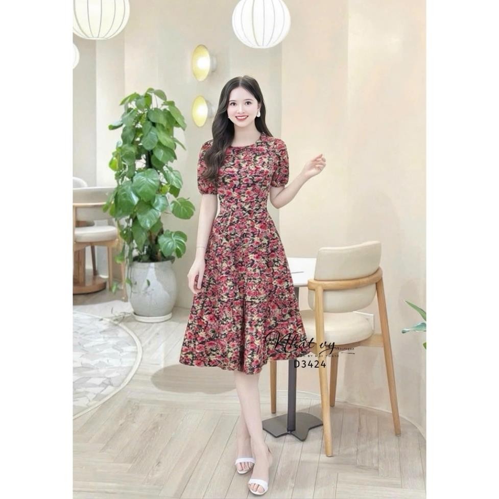 Đầm váy nữ thiết kế NV hoa cổ tròn tay ngắn dáng xoè bigsize chất lụa công sở văn phòng - D3424