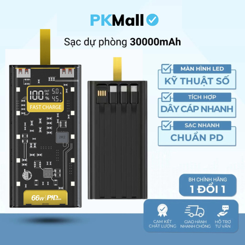Sạc dự phòng 20000 30000MAH sạc nhanh PD120W/20W trong suốt tích hợp 4 dây sạc tích hợp đèn led chiếu sáng