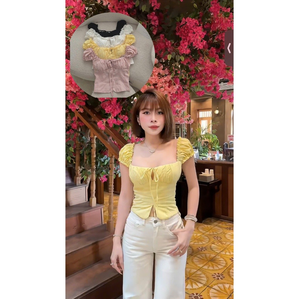 KATIE TOP -  Áo croptop tay con nhún chất linen ướt phía sau có chun co dãn size SML