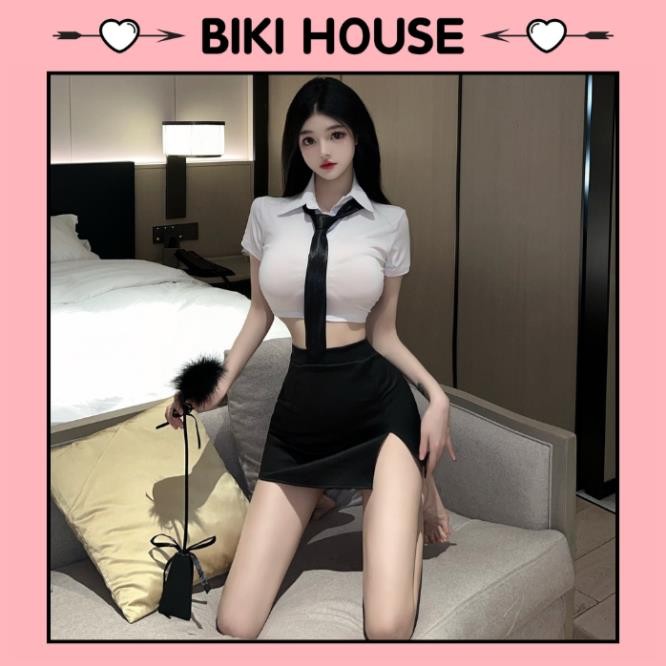 Đồ cosplay sexy thư ký ôm body kèm cà vạt gợi cảm thanh lịch đồ ngủ nữ công sở đen trắng quyến rũ PI