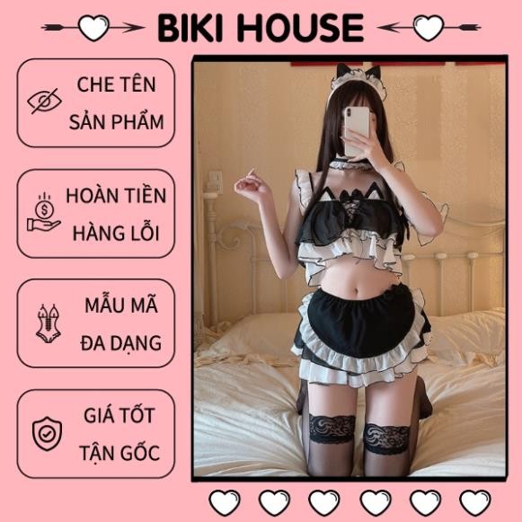Đồ ngủ cosplay mèo kèm phụ kiện dễ thương gợi cảm váy xòe áo croptop hầu gái đáng yêu hottie PINK HO