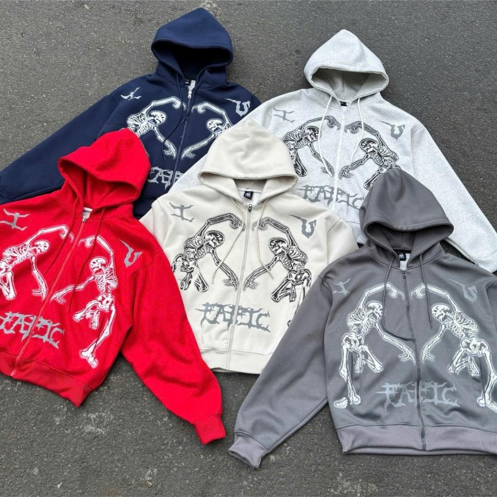 Áo khoác zip nỉ 2 da FAFIC BONES logo áo hoodie zip nam nữ unisex fafic studio