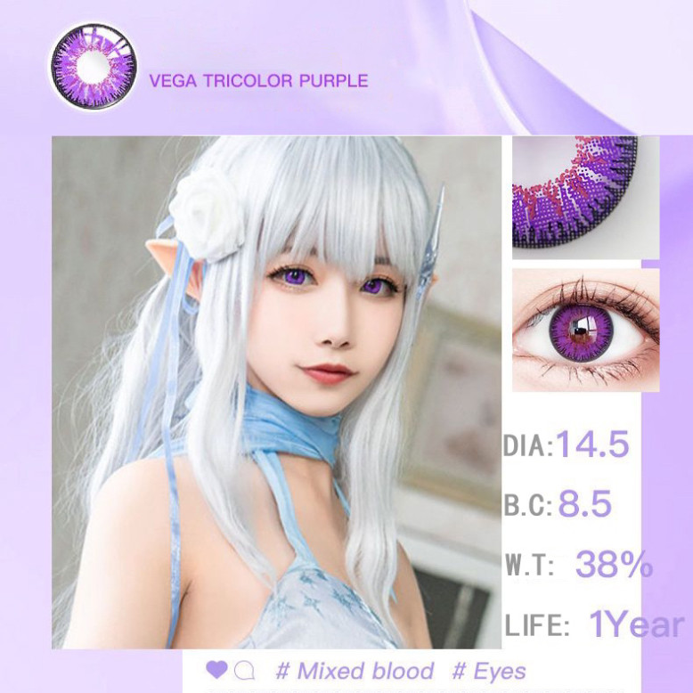 [Có độ cận] Lens cosplay Eyemakeup Màu Anime Tím Emilia