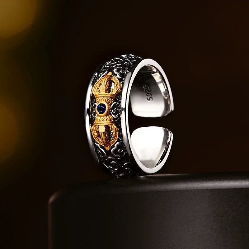 New Men's Pure Silver Vintage Distressed Tibetan Style Creative Open Ring Creative Design High-end V