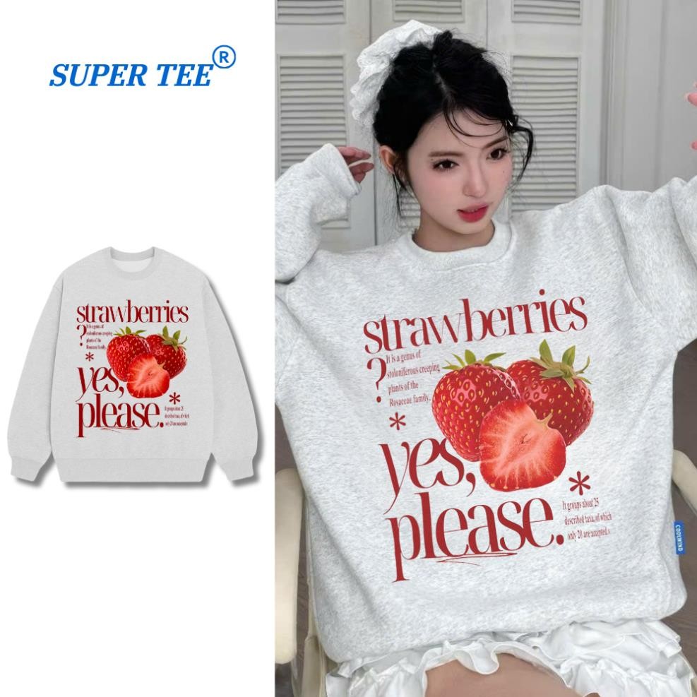 Áo Sweater Unisex Nỉ Bông Cotton Dày Mịn Màu Xám Tiêu Tôn Dáng, Hình In Dâu Tây Và Nhiều Hình Cute Dễ Thương UT