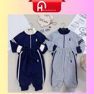  Bộ nỉ 2 da thêu ngựa tay phối sọc tone màu ghi be xanh than cho bé trai - HNOrderChina 