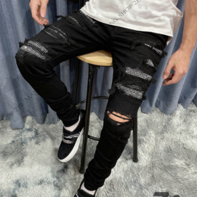 Quần Jean Nam Đen Đính Đá 4 Cúc Amiri Vintage, Quần Bò Nam Đen Phối Đinh Kim Tuyến hoạ tiết đính đá 