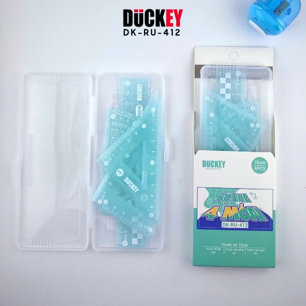 Bộ Thước Eke Hình Học 4 Chiếc RU-412 Duckey – Có Hộp Nhựa, Nhiều Màu, Dành Cho Học Sinh