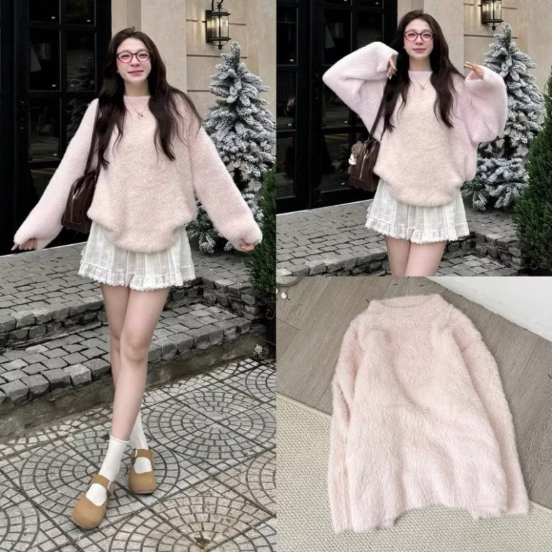 Áo Len Lông thỏ Xù Nữ Dáng Rộng Màu Hồng,trắng be Pastel, Áo Len Ulzzang Hàn Quốc Dễ Thương | BigBuy360 - bigbuy360.vn