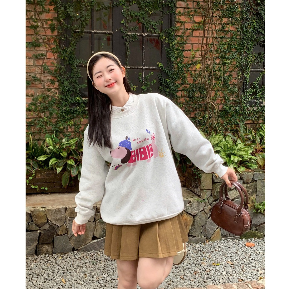 Áo sweater CHẤT nỉ COTTON form rộng oversize unisex mẫu Dog Cheerful UT