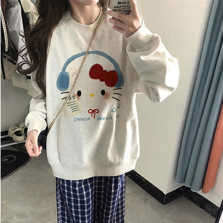 áo sweater nữ xám tiêu hello kitty mùa đông áo tay dài nỉ MÈO NGHE NHẠC UT