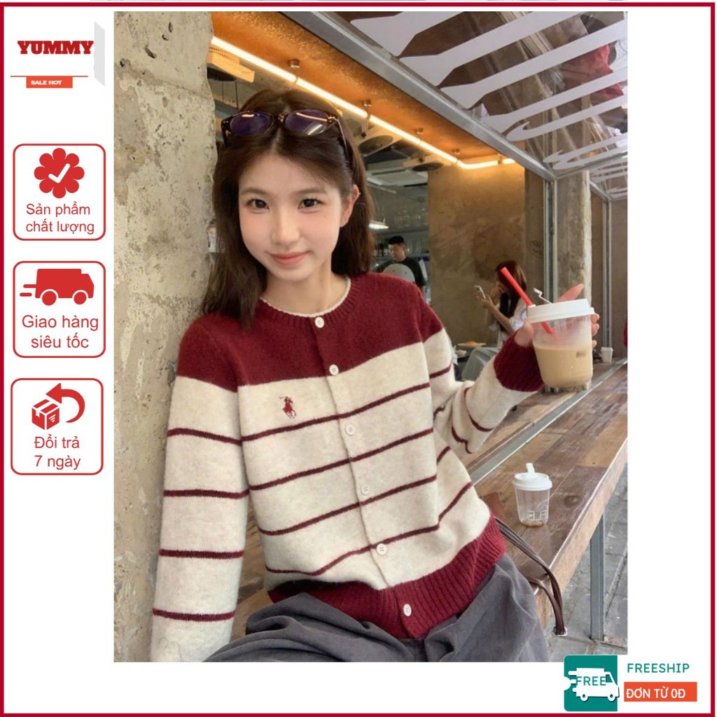 Áo cardigan len 𝒀𝒖𝒎𝒎𝒚 tay dài, Áo cardigan phối kẻ ngang kèm logo thêu AL32