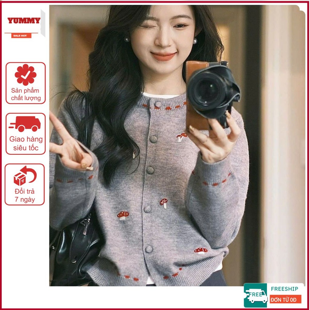 [SẴN|XẢ KHO] Áo cardigan thêu logo nấm 𝒀𝒖𝒎𝒎𝒚 dễ thương, Áo len cổ tròn phong cách Hàn Quốc AL48