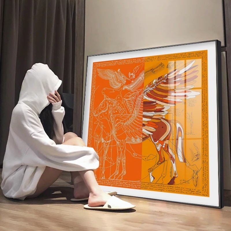 Hermès Scarf Hanging Painting Orange Pegasus Decorative Painting Studio High-End Luxury Clothing Sto
