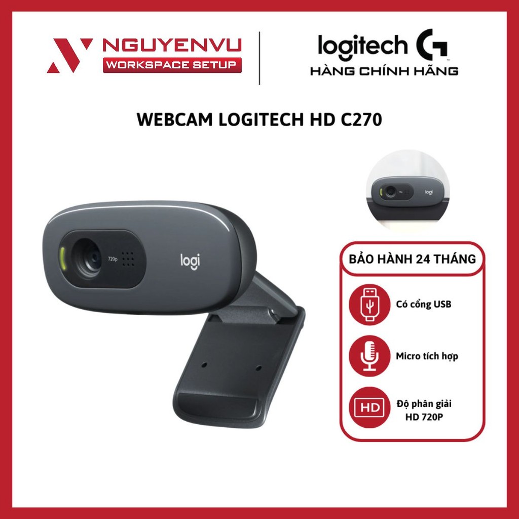 Webcam Logitech HD C270 - Độ phân giải HD - Có mic đàm thoại - USB A - Hàng Chính Hãng