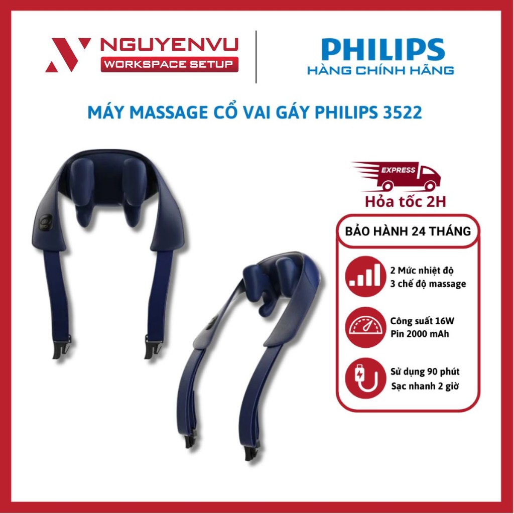 [KHO HN - HCM] Máy massage cổ vai gáy thông minh Philips PPM3522 - 2 mức nhiệt - 3 chế độ - Hàng Chí