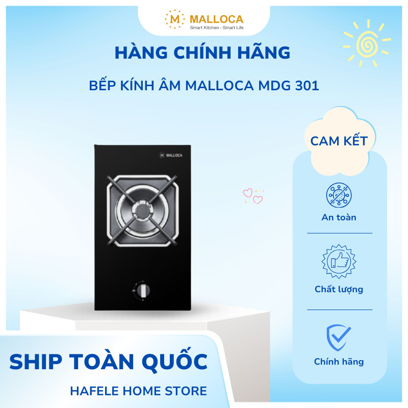Bếp kính âm Malloca Domino 1 gas MDG 301, Mặt kính cường lực dày 8mm, Mâm chia lửa SABAF - HKS