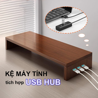 Kệ máy tính để màn hình PC Laptop TOP vân gỗ có ổ cắm điện USB sạc không dây hyperwork kê máy vi tính TopV Decor