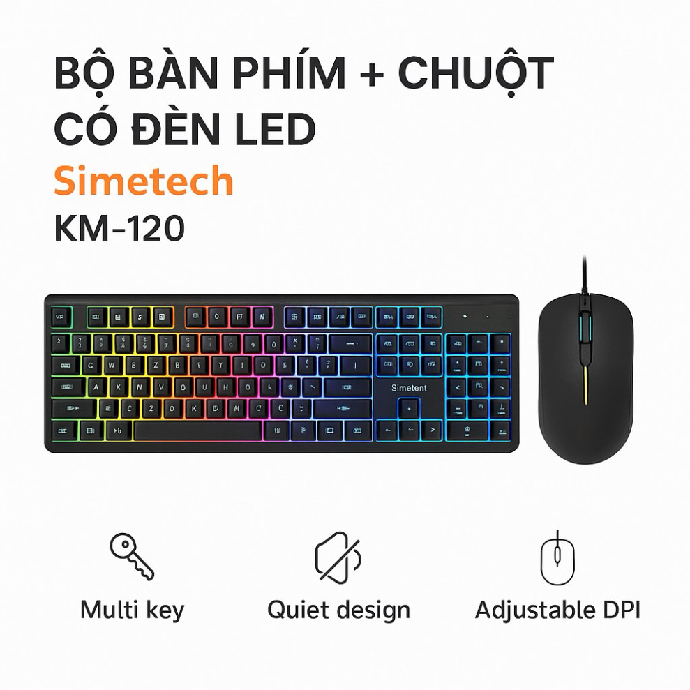 Bộ Bàn Phím Jertech K328-K348-K909-DK-600A + Simetech KM-120 Combo thiết kế hiện đại, có đèn nền LED