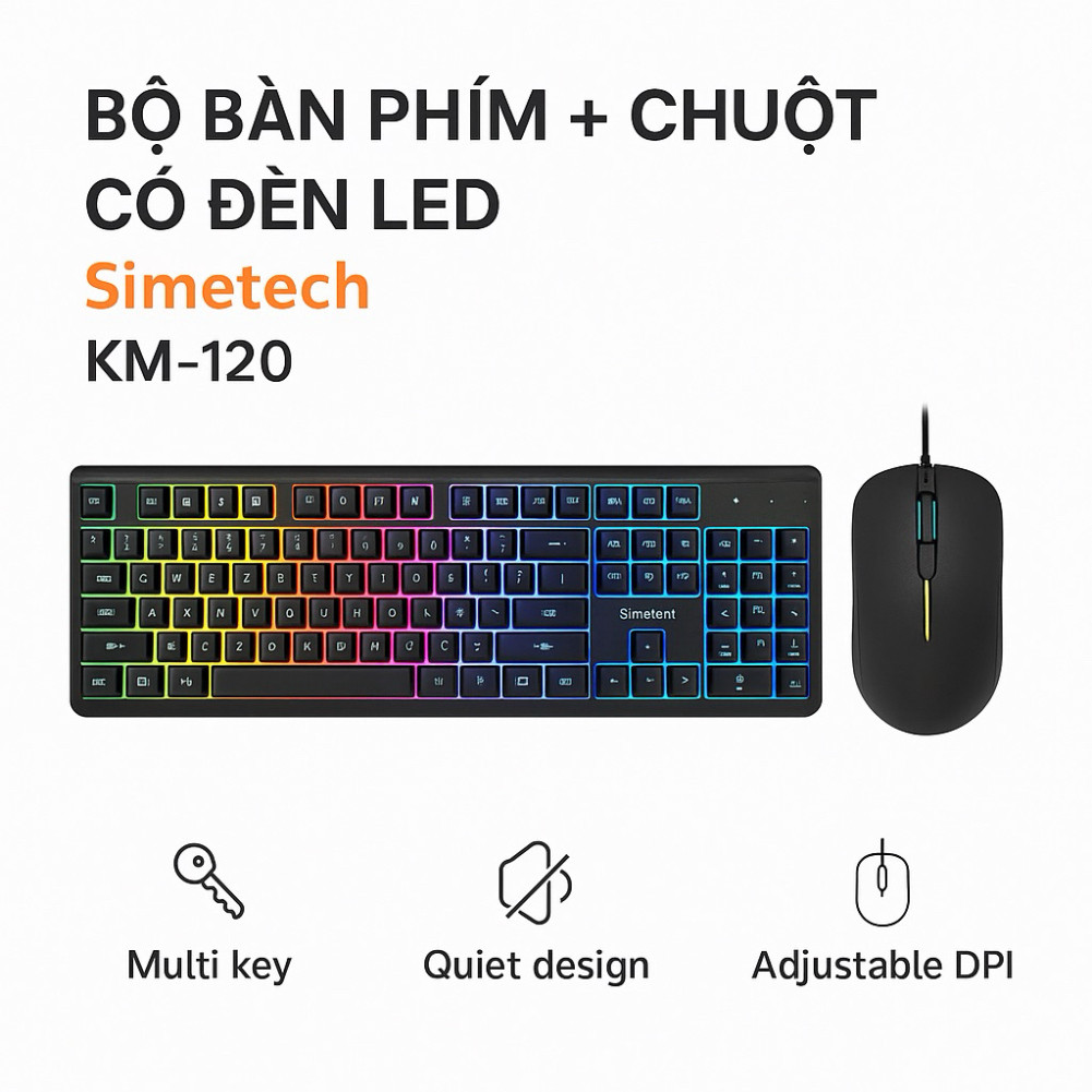 Bộ Bàn Phím Jertech K328-K348-K909-DK-600A + Simetech KM-120 Combo thiết kế hiện đại, có đèn nền LED