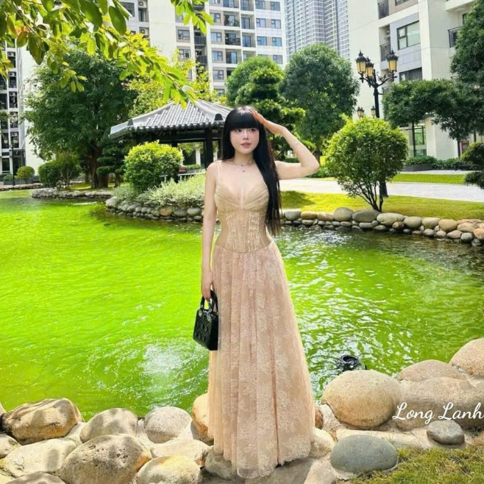 váy hai dây dáng dài,váy dài tiểu thư váy ren 2 dây dáng dài thiết kế cup ngực chiết eo tôn dáng 111