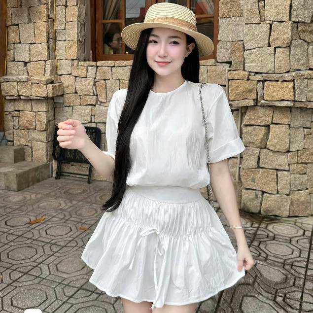 set đồ nữ girl phố,set áo cổ tròn mix chân váy xòe ngắn 78(Z2) NC