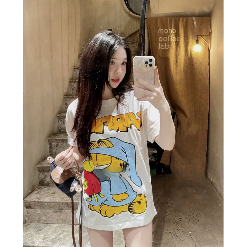 Áo thun tay lỡ in hình chú mèo Garfield  sắc nét chất cotton su thoáng mát ut