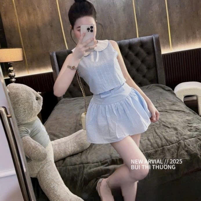 set áo chân váy,set áo croptop chân váy set áo cổ sen đính nơ mix chân váy xòe 967(Z2)