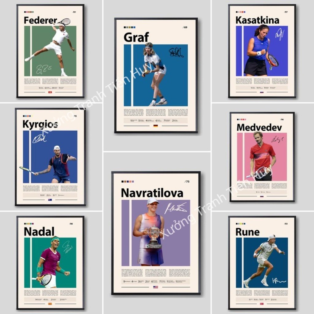 (X190) Poster Tennis dán tường hình huyền thoại quần vợt: Federer, Isner, Ruud, Sock, Serena, Nadal