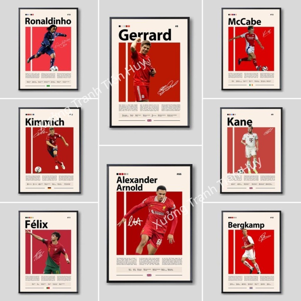 (X164) Poster cầu thủ bóng đá Gerrard, Kane, Ronaldinho, Bergkamp, Gavi, Kimmich,... Có sẵn keo