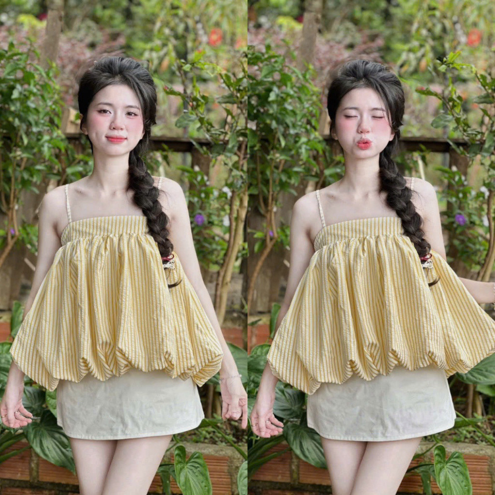 SÉT ÁO SỌC VÀNG 2 DÂY FORM BÍ RỘNG + CHÂN VÁY KAKI TRẮNG Shop Sam Sam Clothing