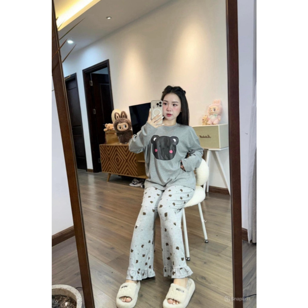 Đồ ngủ nữ Lily áo dài tay in hình gấu xinh xắn cute mix quần suông, đồ bộ nữ pijama mặc nhà cao cẤP 