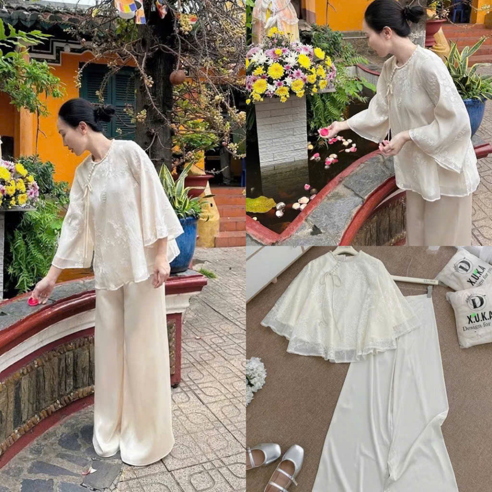 SET LAM THÊU HOA ĐÍNH NƠ SIÊU XINH , NHẸ NHÀNG NỮ TÍNH mặc đi chùa vừa sang vừa thanh lịch Shop Sam 