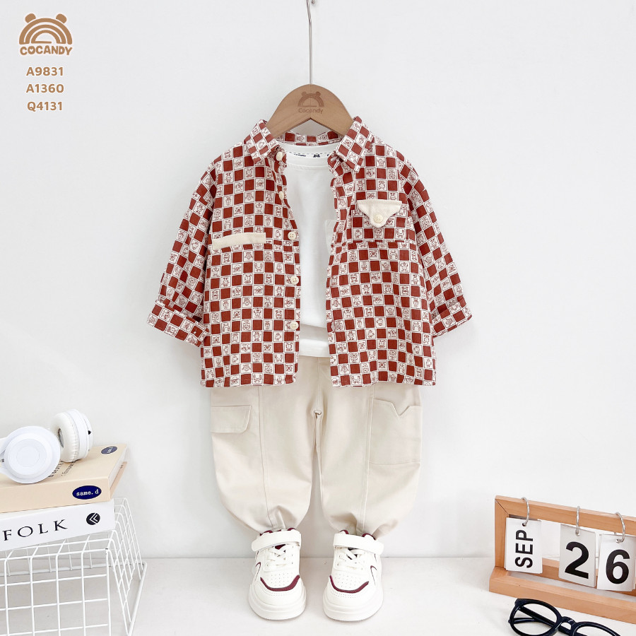 [COCANDY] -Áo dài ĐỎ sơ mi họa tiết ô vuông và Quần dài BE Q4131,A9831