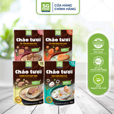 Thùng 28 Cháo Nâu Ăn Liền SG Food mix vị (Cá Hồi, Hải Sản, Tổ Yến Bò, Chim Cút)