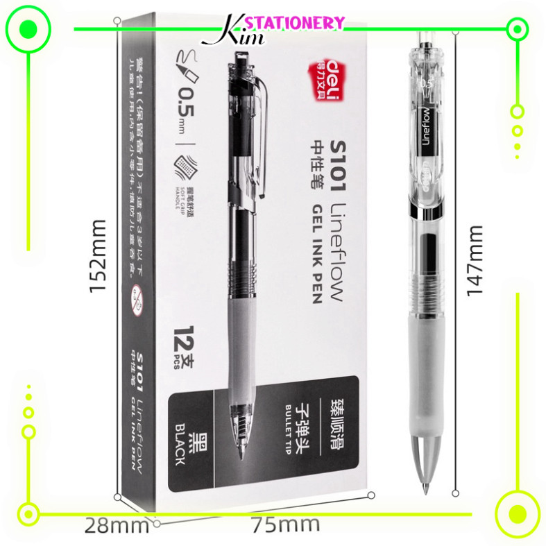 Bộ 3 Bút Bi Nước Gel Deli S101 Ngòi 0.5mm Mực Đen / Ruột Bút Deli S206 Chất Lượng Cao