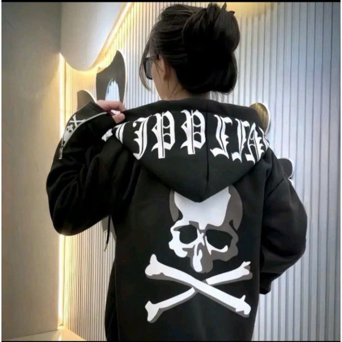 Áo Khoác hoodie zip nam nữ Phillip Plein nỉ chân cua in đầu lâu xương chéo hai mặt zip ống tay, B.BÔ