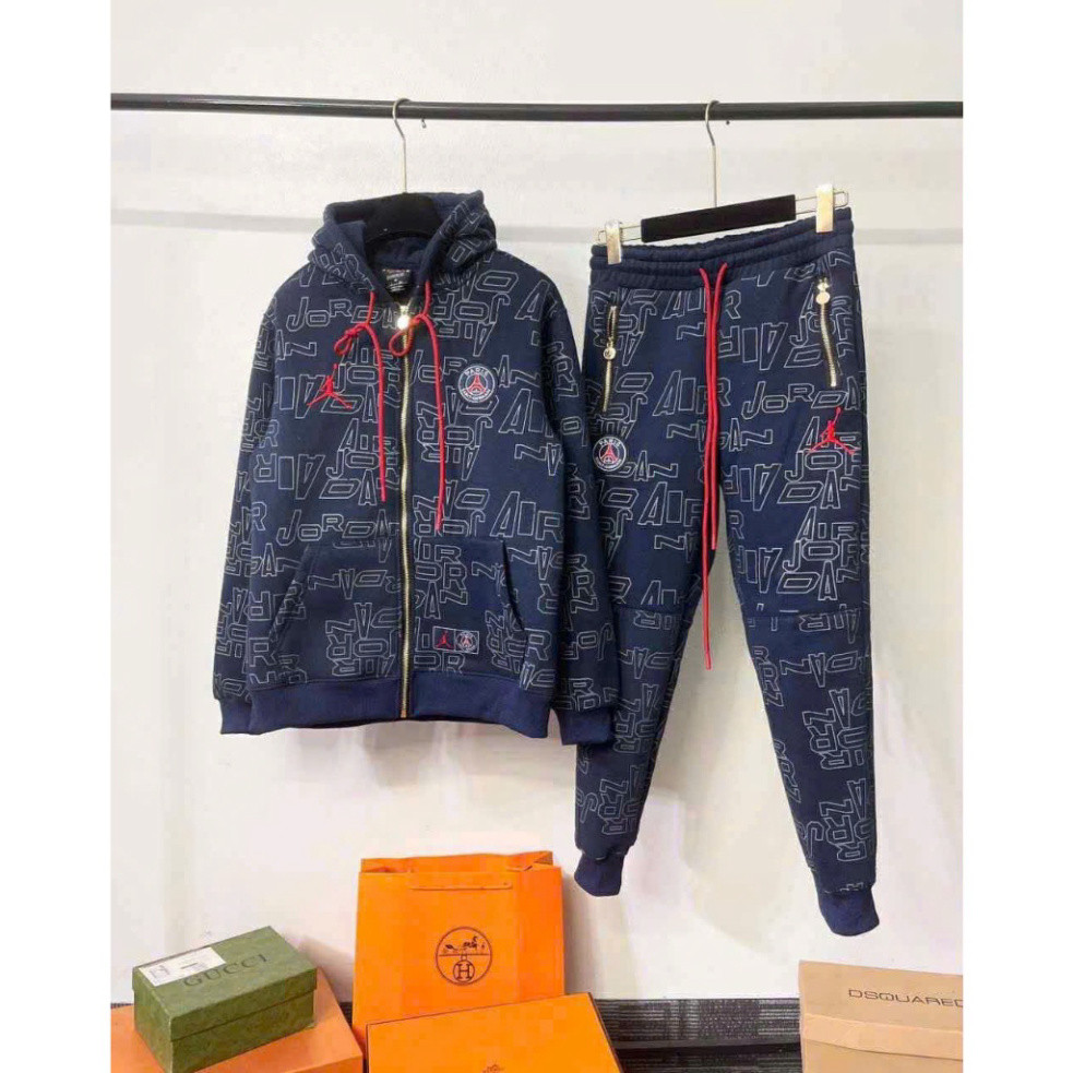 [ Hàng Trend Mới ] Bộ nỉ dài tay thu đông nữ PSG 3D màu xanh COTTON thêu cờ Mỹ, kiểu dáng boxy rộng 